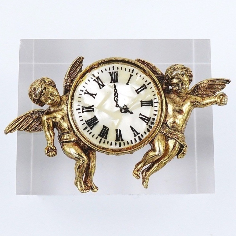 Vintage Cherub Clock Brooch Pin Gold Tone Angel Steampunk Figural